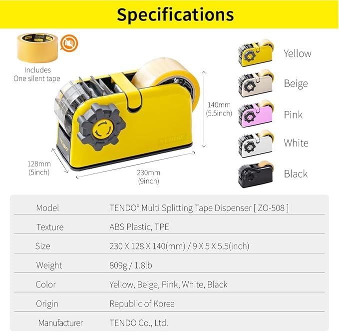 [TENDO°] Multi-Section Tape Dispenser ZO-508: Innovative Cutter for Custom Tape Width (Yellow)