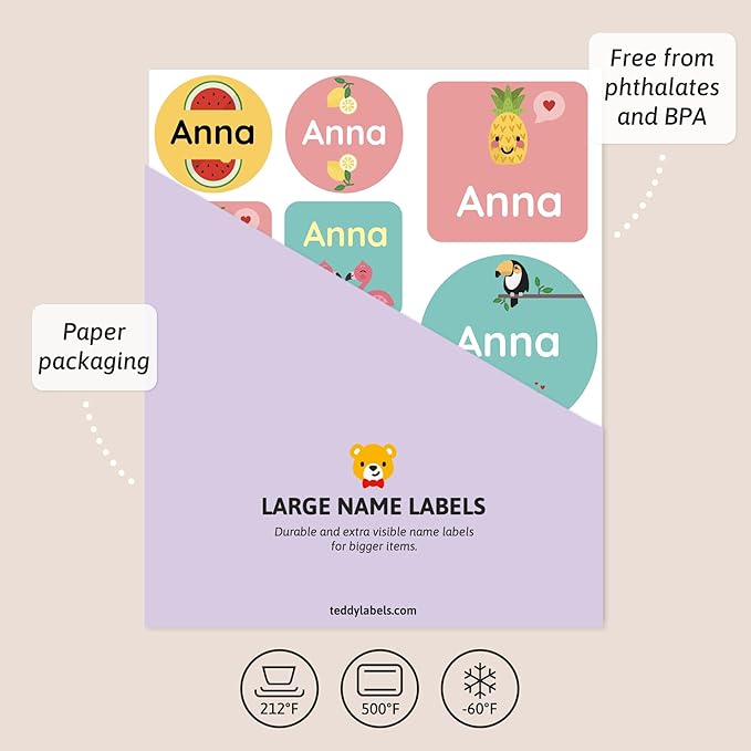 Large Name Labels for Kids (33) - Custom Stickers for Daycare and School Supplies - Durable, Waterproof Stickers for Water Bottles, Lunch Boxes, and More with Unique Designs - Tropical