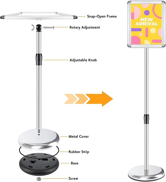 RedChili Sign Holder Stand 8.5x11 Inch, Floor Standing Sign Holder With Rotated Snap-Open Aluminum Frame, Angle Height Adjustable Signage Stand with Round Base for Advertising Poster (Silver, Round Corner)