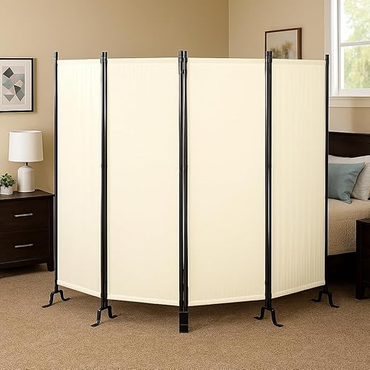 Proman Products - Galaxy 4 Panel Section Privacy Folding Screen Divider, Water Repellent Fabric Room Divider with Black Powder Coated Metal Frame for Indoors or Outdoors (Beige)