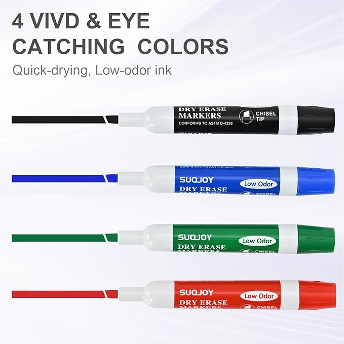 SUQJOY Dry Erase Markers, Chisel Tip Whiteboard Marker, Low Odor Thick Dry Markers, 12 Count 4 Assorted Color Markers for Kids/Teachers