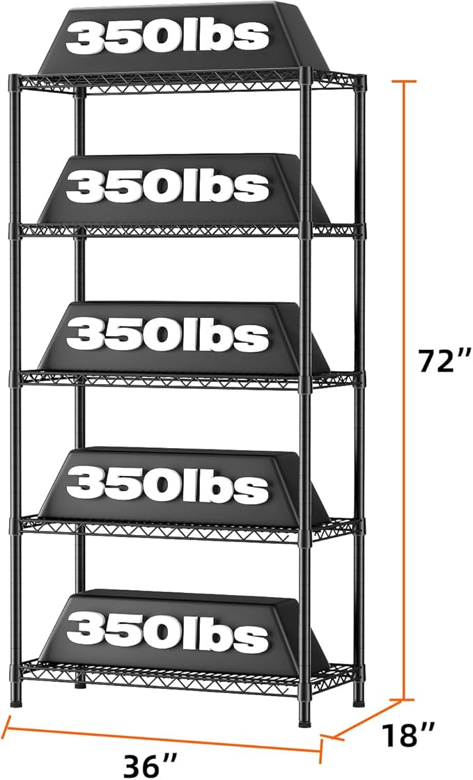 SINGAYE 5 Garage Shelving Wire Storage Heavy Duty Shelves 1750LBS Shelving Unit Metal Bathroom Organizers and Shelf Wire Closet Pantry Kitchen Rack 18" Dx36 Wx71 H Black