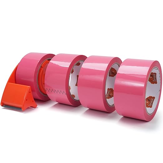 TAPEBEAR Pink Packing Tape with Dispenser, 1.88 Inch x 60 Yards Packaging Tape, 4 Refills Rolls Cute Decorative Moving Tape for Boxes, Shipping and Sealing