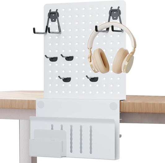 Henitol Clamp-on Desk Pegboard,Desk Side Storage,Steel Privacy Panel,No Drill Side Desk Organizer with Pen Holder,Table Side Organizer Laptop Holder for Office and Home (White)