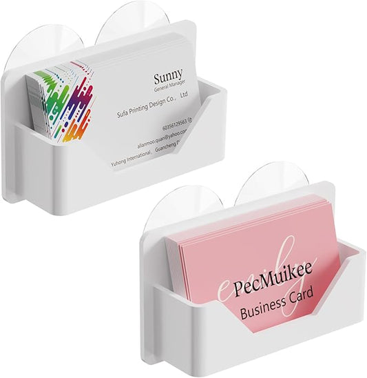 PecMuikee Window Mount Business Card Holder with Suction Cups，White Acrylic Business Card Display Stand,Multiple Business Card Holders for Office, Exhibition, Home, Restaurant 1Slot 2 Pcs