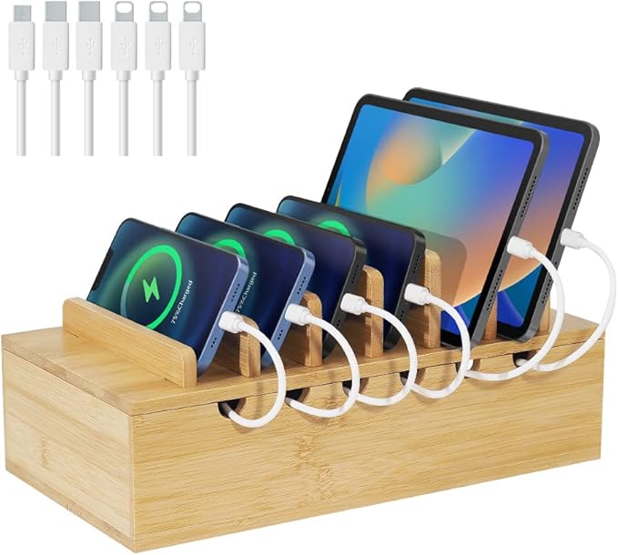 LEOKKARR Bamboo Charging Station for Multiple Devices, Desk Docking Stations Organizer Compatible with iPhone Devices, Wood Charging Cell Phone Holder Stand (Includes 6 Cables) (NO Power Supply)