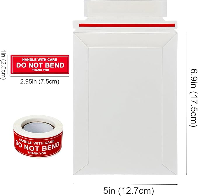 Neehows 100 Pack 5x6.9" Rigid Mailers Cardboard Envelopes, 400GSM Photo Mailers Shipping Envelope with "DO NOT BEND" Labels, Small Stay Flat Self Seal Document Envelope for Trading Cards- White