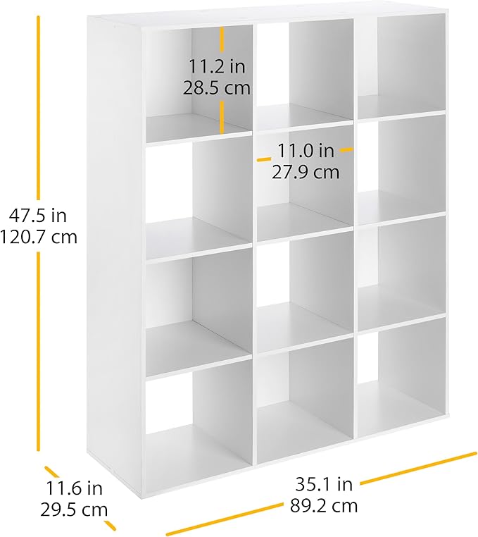 Whitmor 12 Cube Storage Organizer, 4 Tier Stackable Mdf Wood Bookcase, Open Storage Display Bookshelf, Storage Cabinet for Living Room, Bedroom, Home, Office, 35.1"L x 11.6"W x 47.5"H, White