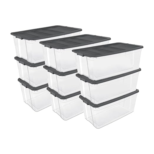 Sterilite 9-Pack Modular Stacker Box, Durable Clear Plastic Storage Bins with Latching Lids, 200 Quart - Stackable Organizing Container Boxes for Closet, Bathroom, and Office