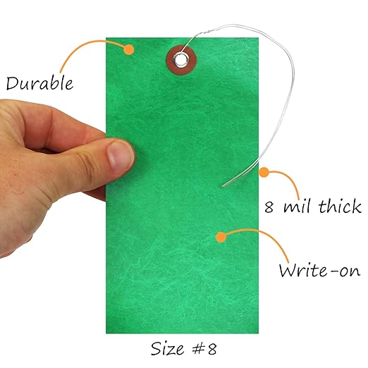 SmartSign Blank Tyvek Shipping Tags with Wire, Size #8 | 6 1/4" x 3 1/8", Pack of 100, Green, Made in USA
