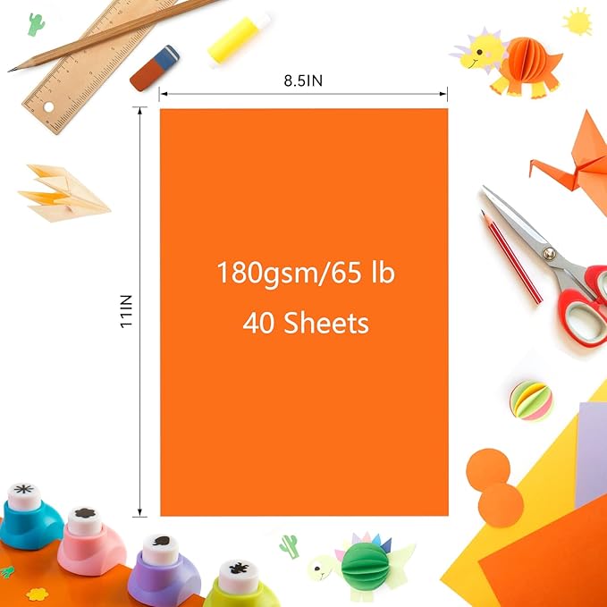 40 Sheets Orange Colored Card Stock, 8.5 x 11 Inch, 180GSM 65LB Color Cardstock Paper, Craft Construction Paper Bulk for Card Making, Scrapbooking, DIY Crafts, Printing, School & Office