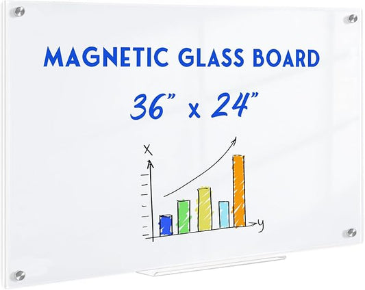 Magnetic Glass Whiteboard, 36" x 24" Glass Dry Erase Board for Wall, Large Frameless White Board with 1 Marker Tray and 3 Magnets for Office, Home, Classroom - Ultra White