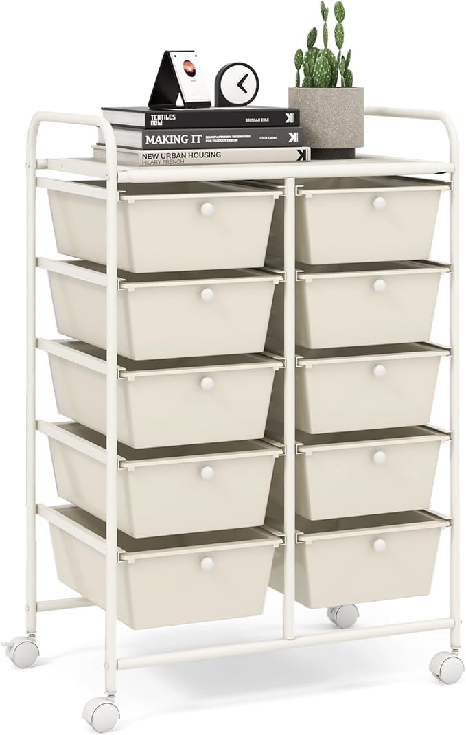 LDAILY 10 Drawer Rolling Cart, Storage Cart Organizer on Wheels, Drawer Cart with Metal Frame & Large Storage Capacity, Rolling Cart with Drawers for Living Room Classroom, Office