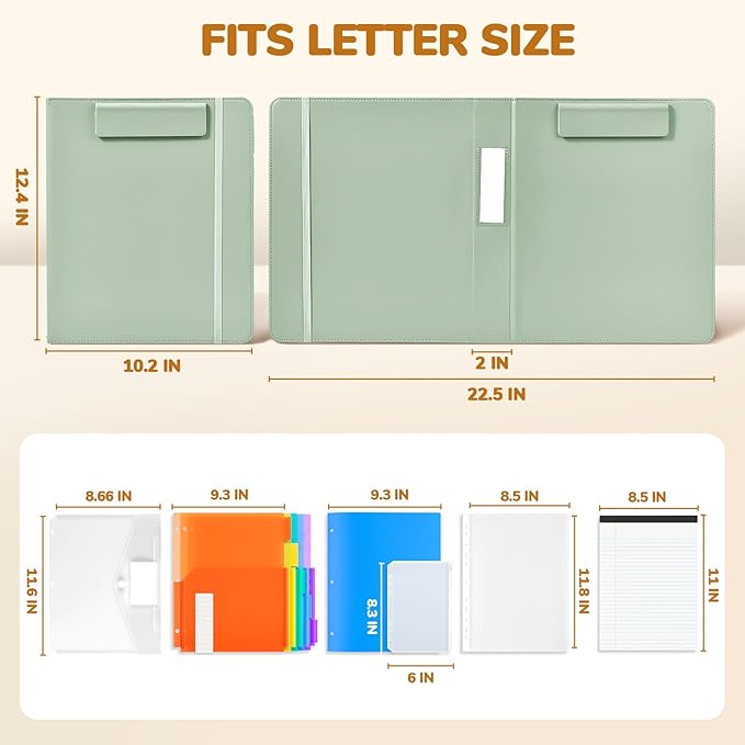 JoyCat 3 Ring Binder Clipboard with Storage,12.4"x10.2"Magnetic Clipboard Folder with 5 Expandable Folders,Refillable Lined Notepad (11" x 8.5"),Ideal for School Office Nursing(Grass Green)