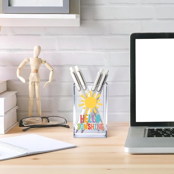 Vgrti Hello Sunshine Acrylic Cosmetic Pencil Pen Holder Cup, Inspirational Sunshine Desk Organizer Accessories for Home Office Decor, Motivational Appreciation Gifts for Coworker Teacher Secretary