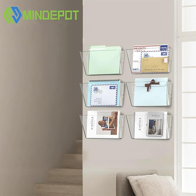 MINDEPOT 6 Pockets Acrylic Wall File Organizer, Clear Wall File Holder, Plastic Hanging Wall File Holder for Office, School and Home, Clear
