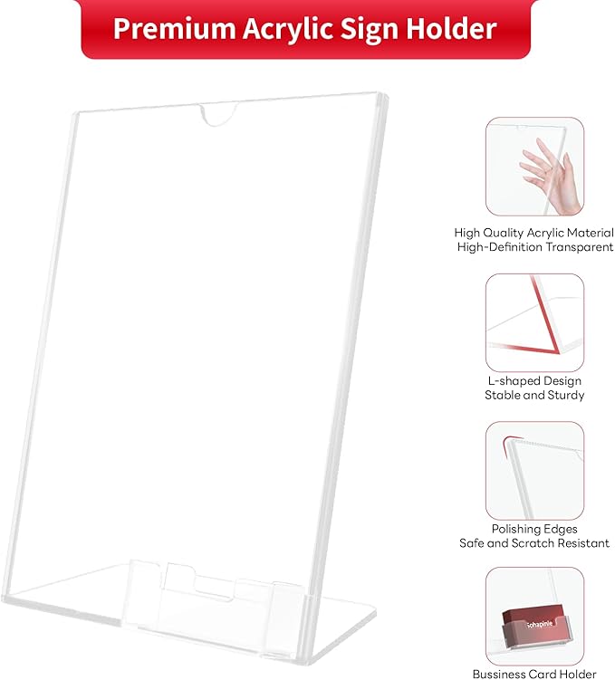 Acrylic Sign Holder 8.5 x 11 Inches with Business Card Holder Clear Plastic Brochure Flyer Display Stand Slanted Countertop Organizer for Pamphlets Magazines Booklets Menus, 2 Pack