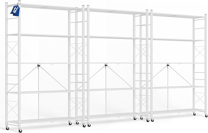 ALANNG 40" W Foldable 5-Tier Storage Shelves with Wheels, Adjustable & Removable Metal Rack, Heavy Duty Rolling Organizer for Kitchen, Garage, Closet, Pantry, and Office (White,3 Pack)