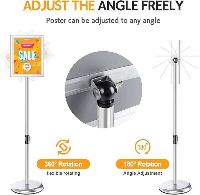 RedChili Adjustable Sign Holder Stand for 8.5x11 Inch Poster, Floor Standing Sign Holder With Snap-Open Aluminum Frame 360° Rotating Display Outdoor Indoor Signage Stand for Advertising (Silver, Sharp Corner)