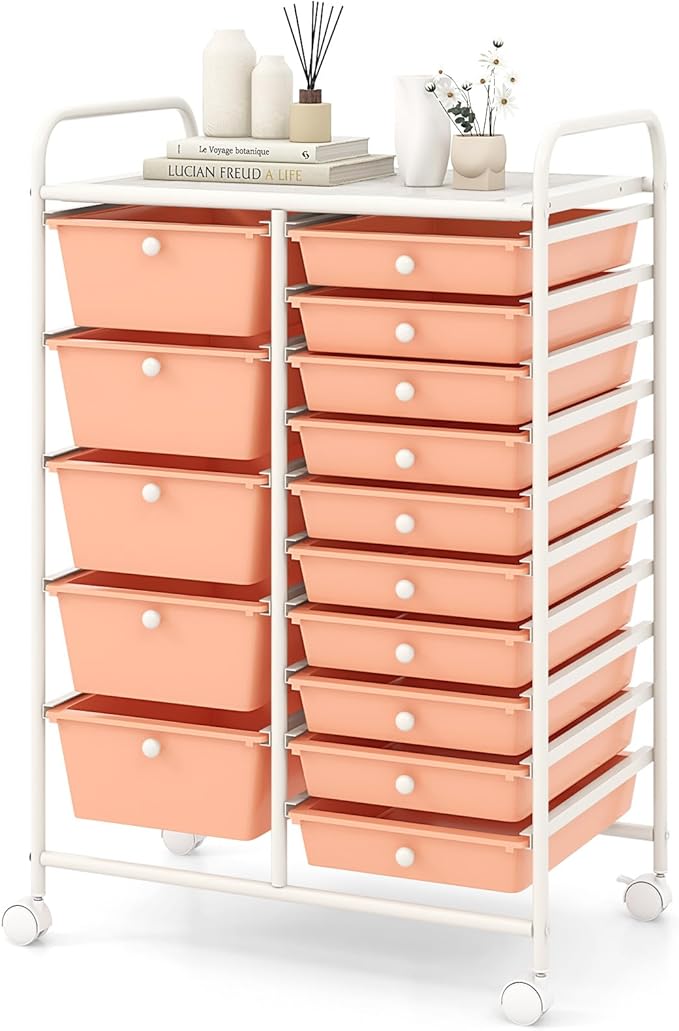 COSTWAY 15-Drawer Rolling Storage Cart, Mobile Utility Cart with Heavy-duty Frame & Lockable Wheels, Multipurpose Storage Organizer for Tools, Paper, Home, Office, School, Peach