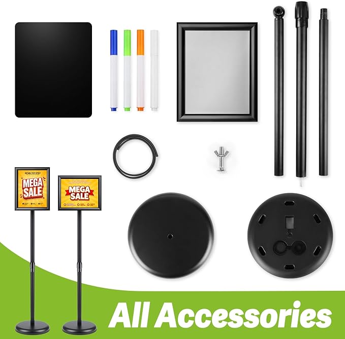 RedChili Floor Standing Sign Holder Stand for 8.5x11 Inches Poster or Chalk Board, Pedestal Sign Holder with Snap Open Frame,360° Rotation,Adjustable Post Height Outdoor Indoor Standing Display Sign Holders for Advertising (Black, Sharp Corner)
