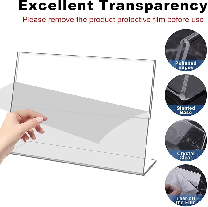 DESONAUT 8 Pack Slanted Back Acrylic Sign Holder 5x7 inches,Clear Tabletop Sign Holder,Acrylic Picture Frames Stands for Display,Plastic Flyer Menu Holder for Office,Home,Restaurant（Horizontal）