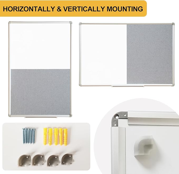 DEVELOP Large Grey Felt Bulletin & Magnetic Dry Erase Combo Board, 60 x 36 Inch Hanging Whiteboard/Grey Felt Bulletin Combination Board with Marker Tray, Pins, Eraser, Markers & Magnets