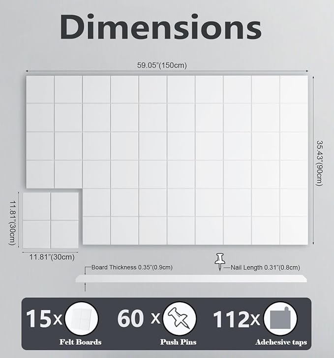 G Gamit Large Felt Wall Tiles Bulletin Board 59”x36”,Large Cork Board Alternative with 60 Pushpins, 15-Pack Felt Pin Board with 112 Safe Removable Adhesive Tabs for Home Office School (White)