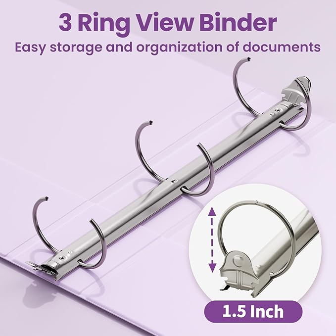 SUNEE 3 Ring Binder 1.5 Inch 1 Pack, Clear View Binder Three Ring PVC-Free (Fit 8.5x11 Inches) for School or Office Supplies, Purple