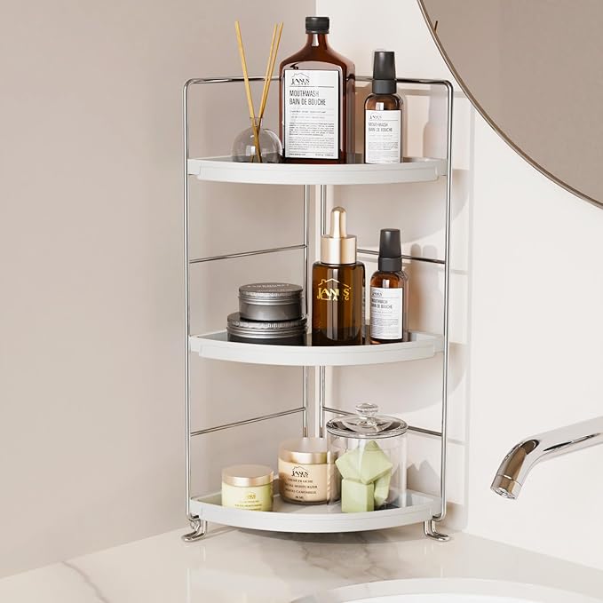 JANUS LiANG 3-Tier Bathroom Counter Organizer, Plastic Bathroom Organizer, Tool-Less Installation Makeup Vanity Tray, Bathroom Organizer Countertop Skincare Perfume Organizers (Chrome)