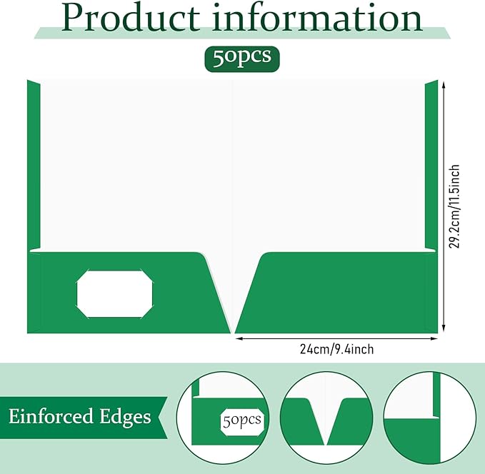 Jutom 50 Pcs 2 Pocket Glossy Paper Folders Glossy Paper Laminated Portfolios, Letter Size, Presentation Folders with Pockets for Office Teacher Worker Supplies(Green Color)