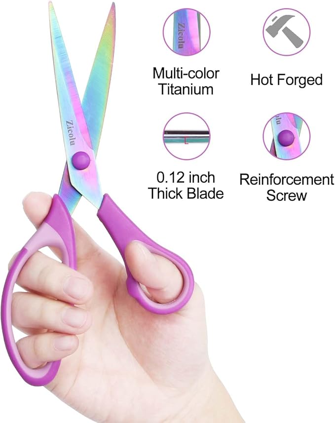 Zicolu 8.5" Scissors All Purpose, Multipurpose Office Scissors Set of 3 Pack, Titanium Coating Sharp Blade, Soft Comfort-Grip, Ideal for Fabric, School, Home, Craft & Sewing, Right/Left Handed, Purple