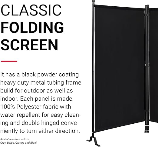 Proman Products - Galaxy 2 Panel Section Privacy Folding Screen Divider, Water Repellent Fabric Room Divider with Black Powder Coated Metal Frame for Indoors or Outdoors (Black)