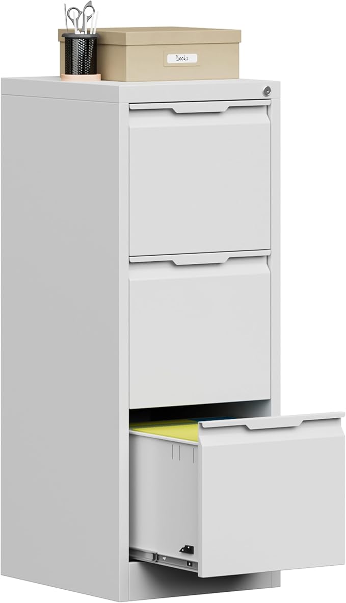 Bestoo 3-Drawer File Cabinet with Lock, Metal Filing Cabinet for Home Office, Vertical Filing Storage Cabinets, Fits File Folders, Letter/Legal/F4/A4 Size, Assembly Required (White)