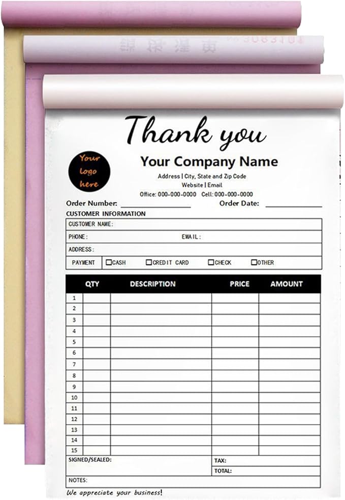 Custom Invoice Book in 3-Part /2-Part Receipt Book with Carbon Copies Personalized Carbonless Service Invoice Form Books Sales Order Book with Company Name Logo Address,C2-Thank You Receipt