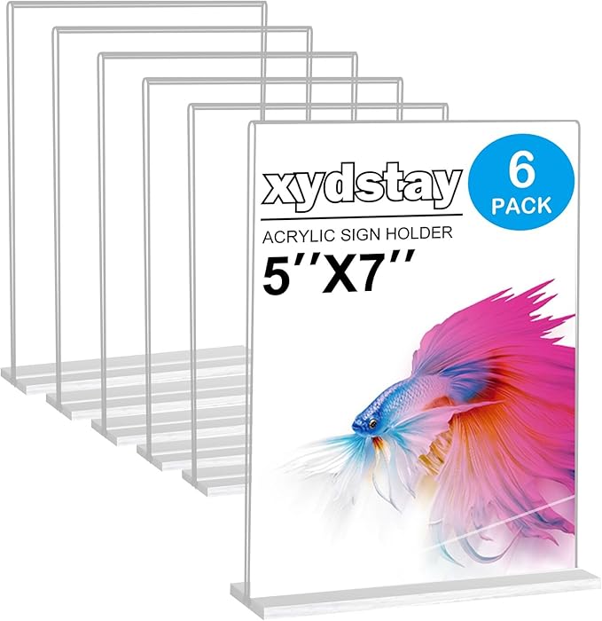 xydstay 6pack Acrylic Sign Holder 5 X 7, Vertical T Shape Clear Plastic Sign Holder, Double-Sided Menu Holder, Unbreakable Table Sign Holder for Restaurant, Office, School, Store and Home Use