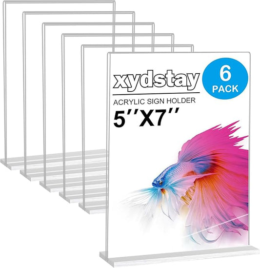 xydstay 6pack Acrylic Sign Holder 5 X 7, Vertical T Shape Clear Plastic Sign Holder, Double-Sided Menu Holder, Unbreakable Table Sign Holder for Restaurant, Office, School, Store and Home Use