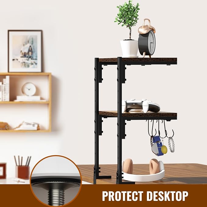 AUATRONNE Clamp-on Desk Shelf, 13 inch Above or Below Desk 2-Tier Shelving, Adjustable Metal Storage Tray for Gaming Devices or Office Desk Accessories and More, Brown, Patent Pending