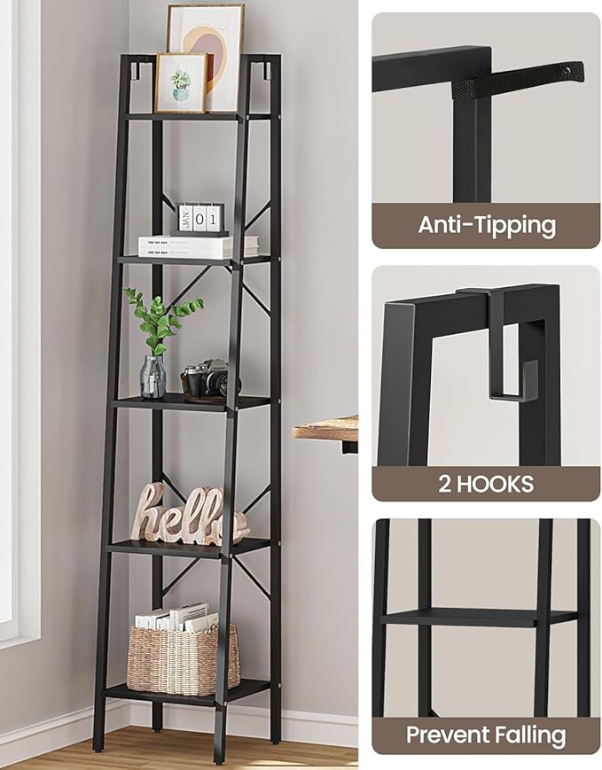 Hzuaneri Ladder Shelf, Bookshelf Bookcase, Freestanding Corner Storage Shelve with 2 Hooks for Home Office, Living Room, Kitchen, Bedroom, Industrial, 11.8" D x 13.4" W x 63" H, Black BC03204B