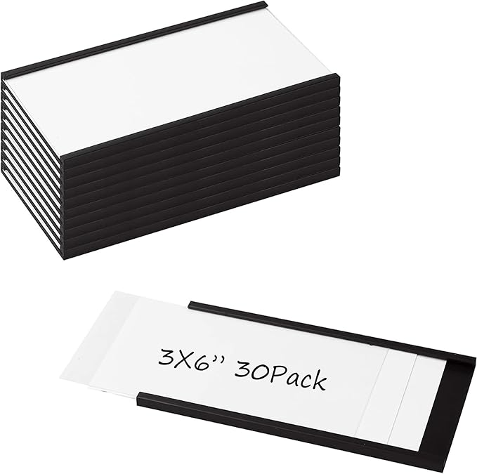 Realth C Channel Magnetic Label Holders 30 Pack 3'' x 6'' with Paper Inserts and Clear Plastic Protectors, Magnetic Data Card Holders File Cabinet Labels for Metal Racks and Shelves