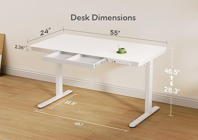 Claiks Glass Standing Desk with Drawers, 55 Inch Adjustable Stand Up Desk, Quick Install Home Office Computer Desk with USB Ports, White