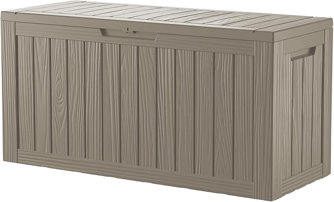 PATIOEASY Outdoor Storage Box 80GAL Waterproof Resin Deck Box,UV-Resistant Lockable Delivery Bin for Garden Tools,Small Outside Cushions,Pool Accessories Supplies,Chest,Furniture,Package,Grey