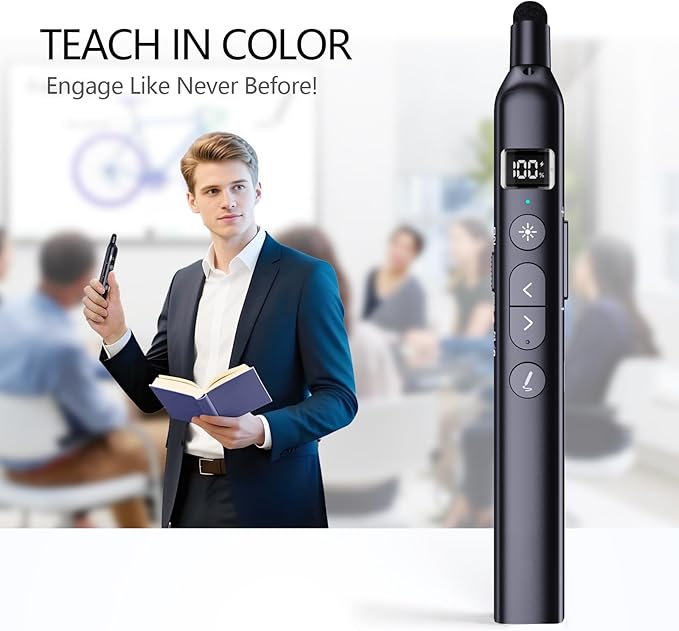 Norwii N21 Bluetooth Presentation Clicker with Telescopic Teaching Pointer, Presentation Remote with Retractable Stick for PowerPiont, Wireless Presenter, Slide Advancer (Black - Green Pointer)