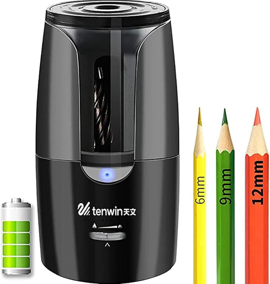 tenwin Chargeable Electric Pencil Sharpener, Heavy Duty Adjustable Art Sharpeners, Powered Auto-Stop Pencil Sharpener for Teacher Use, School, Home, Classroom Product Supplies 8028 (Black)