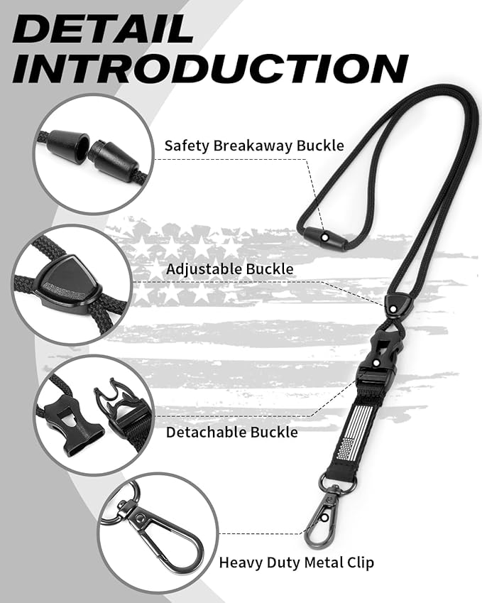 LIUGX Carbon Fiber Badge Holder with Heavy Duty Breakaway Lanyard, Durable ID Card Holder (Holds 6 Cards) with Quick Release Detachable Buckle, Metal Clip, American Flag