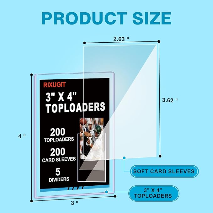 400 Card Sleeves Top Loaders for Cards - 3" x 4" Toploader, 35pt Hard Card Sleves for Trading Cards, Baseball, Sports Collectibles (200 Hard Toploaders + 200 Soft Penny Sleeves)