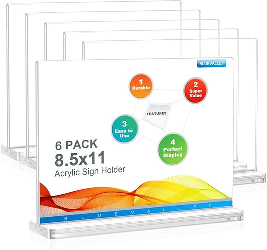 BlueValley Clear Plastic Flyer Sign Holder 8.5 x 11 Standing, 6Pack Horizontal Table Top Acrylic Brochure Menu Signs Holder, Double Sided Plexi Picture Photo Frame Lucite Paper Display Stand for Office Retail Vendor Show Fairs