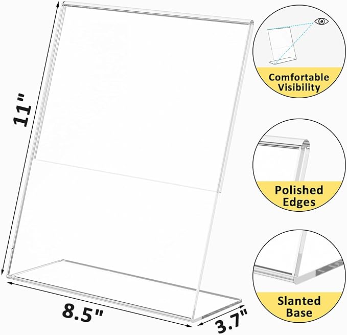 Argvey 4 Pack Acrylic Sign Holder 8.5x11, Clear Plastic Slanted Back Sign Holders, Desktop Papers Menus Frame Flyer Document Holder Display Stand for Coffee Shops, Hotels, Offices, Public Spaces