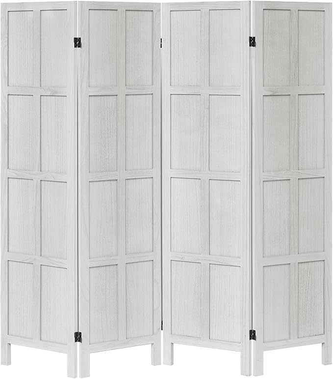 Leesinwing Wood Room Divider 4 Panel Folding Privacy Screen, Classic 5.6Ft Indoor Wooden Partition, Portable Partition Wall Divider for Room Separation, Home, Office, Bedroom, Restaurant (White)