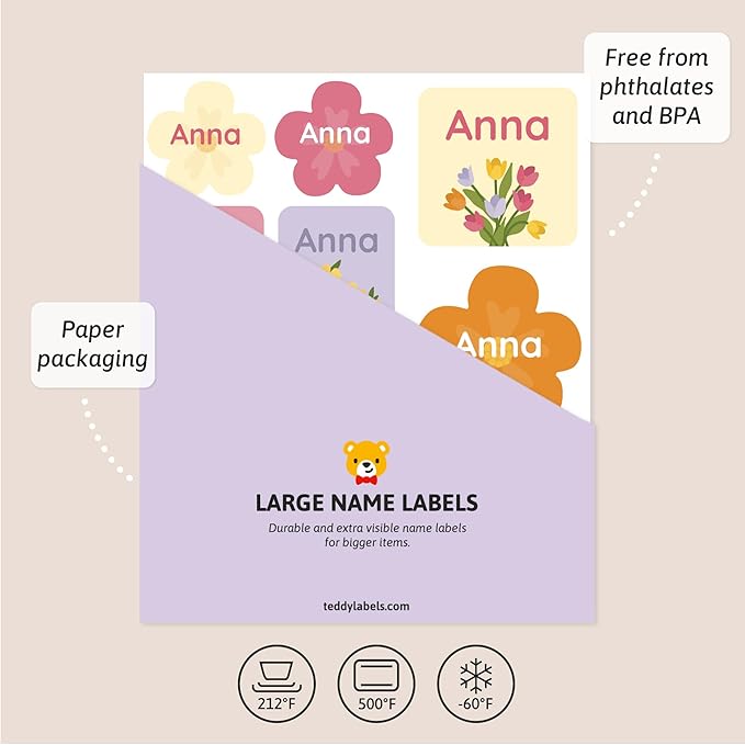 Large Name Labels for Kids (33) - Custom Stickers for Daycare and School Supplies - Durable, Waterproof Stickers for Water Bottles, Lunch Boxes, and More with Unique Designs - Flowers